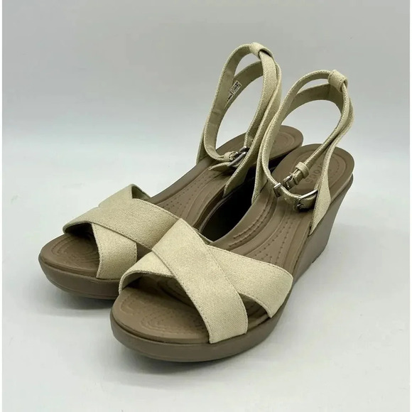 Crocs Leigh II Cross Strap Ankle Wedge Sandals Womens Size 10 Beige Shoes 204950 - Picture 2 of 12
